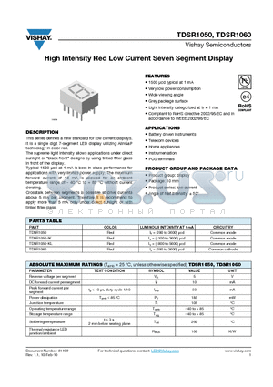 TDSR1050 datasheet - High Intensity Red Low Current Seven Segment Display