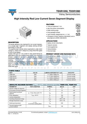 TDSR1050-IK datasheet - High Intensity Red Low Current Seven Segment Display
