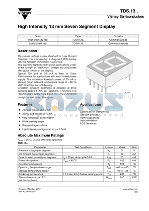 TDSR136 datasheet - High Intensity 13 mm Seven Segment Display