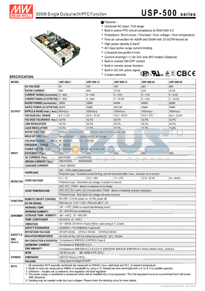 USP-500 datasheet - 500W Single Output with PFC Function