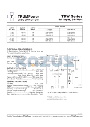 TDW-6D4812 datasheet - DC/DC CONVERTERS 4:1 Input, 5-6 Watt