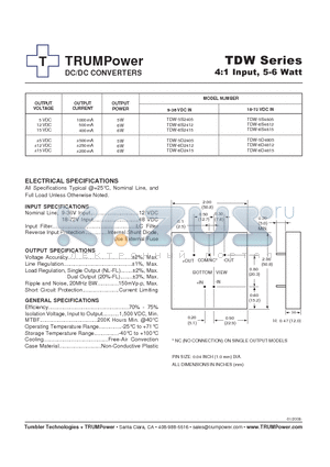 TDW-6D2412 datasheet - DC/DC CONVERTERS 4:1 Input, 5-6 Watt
