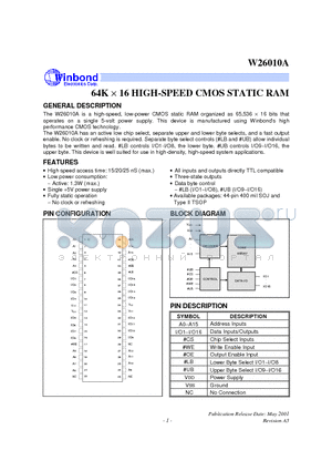 W26010AT-15 datasheet - 64K 16 HIGH-SPEED CMOS STATIC RAM