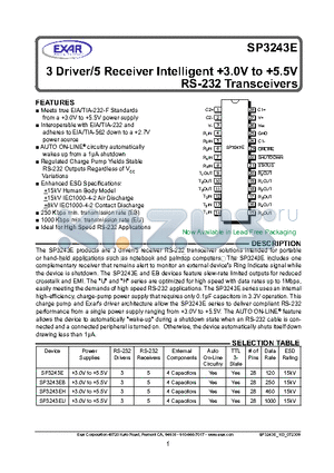SP3243EBEY-L/TR datasheet - 3 Driver/5 Receiver Intelligent 3.0V to 5.5V RS-232 Transceivers