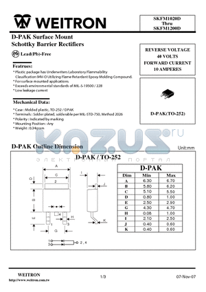 SKFM10200 datasheet - D-PAK Surface Mount Schottky Barrier Rectifiers
