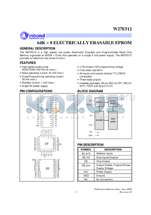 W27E512P-15 datasheet - 64K X 8 ELECTRICALLY ERASABLE EPROM