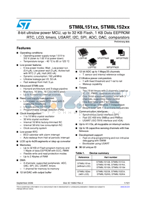 STM8L151C4T3 datasheet - 8-bit ultralow power MCU, up to 32 KB Flash, 1 KB Data EEPROM RTC, LCD, timers, USART, I2C, SPI, ADC, DAC, comparators