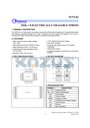 W27L02Q-70 datasheet - 256K X 8 ELECTRIC ALLY ERASABLE EPROM