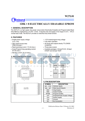 W27L01P-90 datasheet - 128K X 8 ELECTRICALLY ERASABLE EPROM