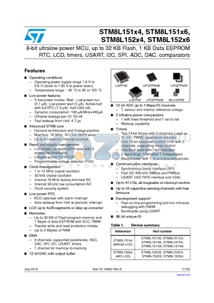 STM8L151K4Y3 datasheet - 8-bit ultralow power MCU, up to 32 KB Flash, 1 KB Data EEPROM RTC, LCD, timers, USART, I2C, SPI, ADC, DAC, comparators