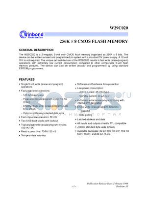 W29C020-90A datasheet - 256K X 8 CMOS FLASH MEMORY