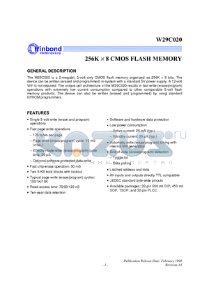 W29C020-70 datasheet - 256K X 8 CMOS FLASH MEMORY