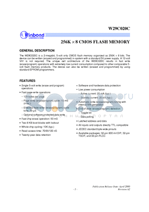 W29C020C-70 datasheet - 256K X 8 CMOS FLASH MEMORY