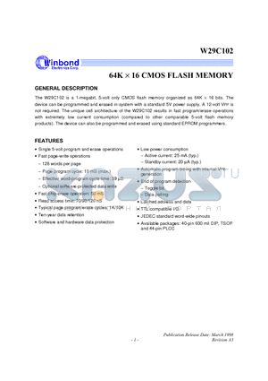 W29C102P-70B datasheet - 64K 16 CMOS FLASH MEMORY