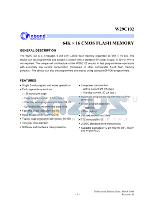 W29C102T-12 datasheet - 64K 16 CMOS FLASH MEMORY