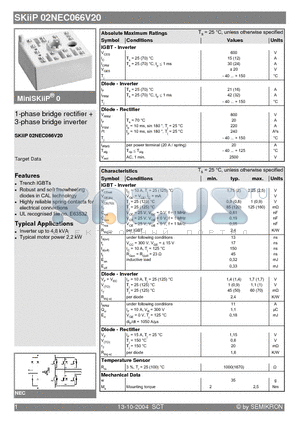 SKIIP02NEC066V20 datasheet - 1-phase bridge rectifier  3-phase bridge inverter