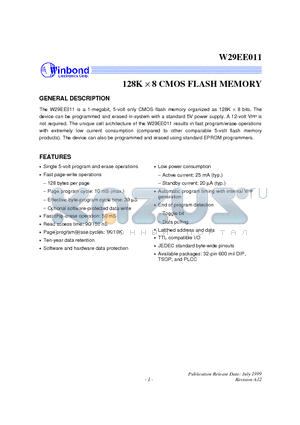 W29EE011T15B datasheet - 128K X 8 CMOS FLASH MEMORY