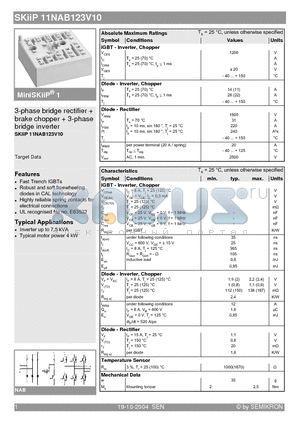 SKIIP11NAB123V10 datasheet - 3-phase bridge rectifier  brake chopper  3-phase bridge inverter
