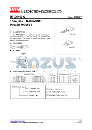 UT100N03L-Q-TQ2-T datasheet - 100A, 30V N-CHANNEL POWER MOSFET