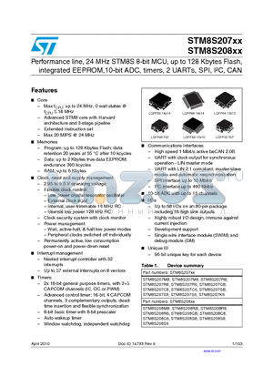 STM8S207C6T6B datasheet - Performance line, 24 MHz STM8S 8-bit MCU, up to 128 Kbytes Flash, integrated EEPROM,10-bit ADC, timers, 2 UARTs, SPI, IbC, CAN