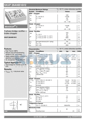 SKIIP28ANB16V2 datasheet - 3-phase bridge rectifier  brake chopper