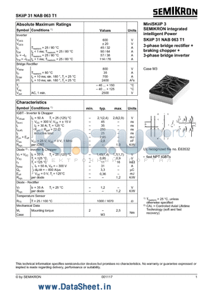 SKIIP31NAB063T1 datasheet - 3-phase bridge rectifier  braking chopper  3-phase bridge inverter