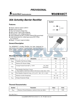 W30M40CT datasheet - 30A Schottky Barrier Rectifier