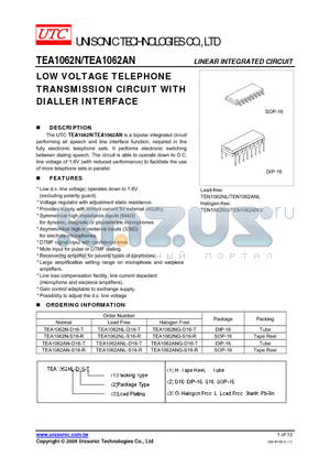 TEA1062ANL-S16-R datasheet - LOW VOLTAGE TELEPHONE TRANSMISSION CIRCUIT WITH DIALLER INTERFACE