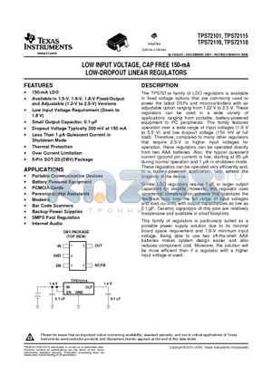 TPS72115DBVT datasheet - LOW INPUT VOLTAGE, CAP FREE 150-mA LOW-DROPOUT LINEAR REGULATORS