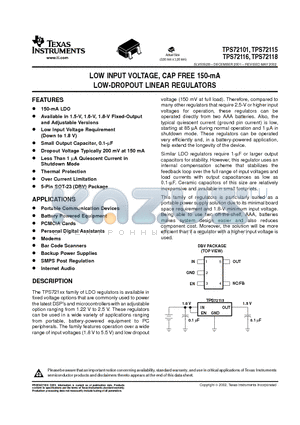 TPS72115DBVTG4 datasheet - LOW INPUT VOLTAGE, CAP FREE 150-mA LOW-DROPOUT LINEAR REGULATORS