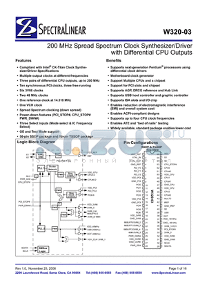 W320-03H datasheet - 200 MHz Spread Spectrum Clock Synthesizer/Driver with Differential CPU Outputs