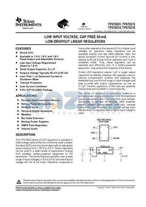 TPS72201DBVR datasheet - LOW INPUT VOLTAGE, CAP FREE 50-mA LOW-DROPOUT LINEAR REGULATORS