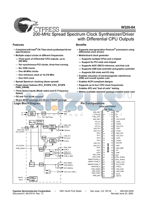 W320-04 datasheet - 200-MHz Spread Spectrum Clock Synthesizer/Driver with Differential CPU Outputs