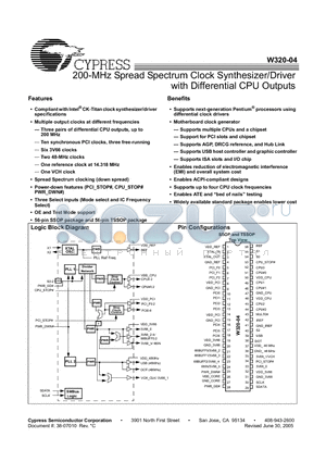 W320-04X datasheet - 200-MHz Spread Spectrum Clock Synthesizer/Driver with Differential CPU Outputs