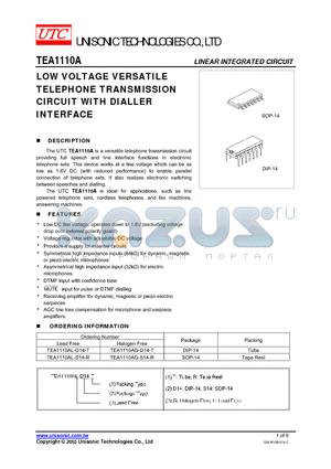 TEA1110AL-S14-R datasheet - LOW VOLTAGE VERSATILE TELEPHONE TRANSMISSION CIRCUIT WITH DIALLER INTERFACE