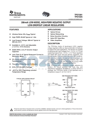 TPS72325 datasheet - 200 mA LOW NOISE HIGH PSRR NEGATIVE OUTPUT LOW DROPOUT LINEAR REGULATORS