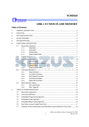 W39F010P-70B datasheet - 128K  8 CMOS FLASH MEMORY