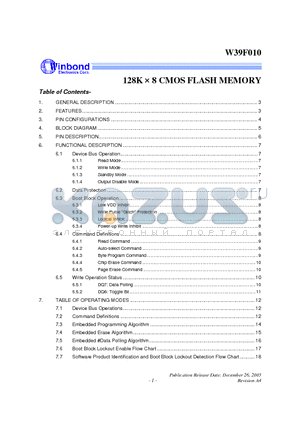 W39F010-70B datasheet - 128K  8 CMOS FLASH MEMORY