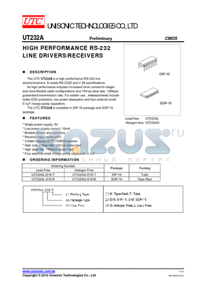 UT232AG-S16-R datasheet - HIGH PERFORMANCE RS-232 LINE DRIVERS/RECEIVERS