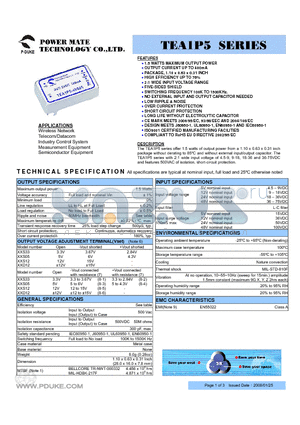 TEA1P5-05D12 datasheet - 1.5 WATTS MAXIMUM OUTPUT POWER