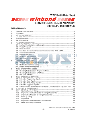 W39V040B_07 datasheet - 512K  8 CMOS FLASH MEMORY WITH LPC INTERFACE