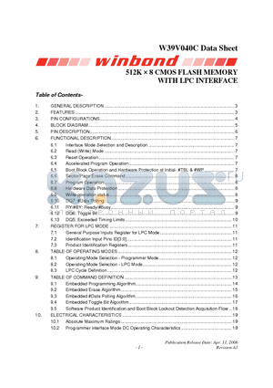 W39V040CP datasheet - 512K  8 CMOS FLASH MEMORY WITH LPC INTERFACE