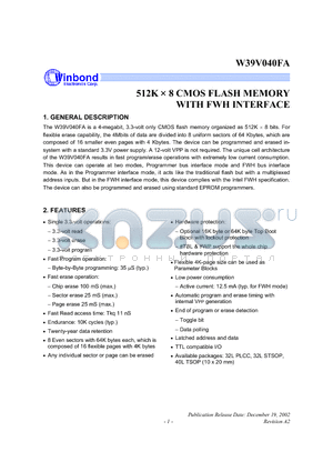 W39V040FAP datasheet - 512K X 8 CMOS FLASH MEMORY WITH FWH INERFACE