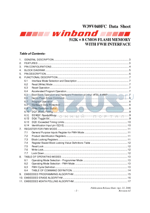 W39V040FCP datasheet - 512K  8 CMOS FLASH MEMORY WITH FWH INTERFACE