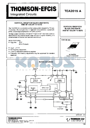 TEA2015A datasheet - VERTICAL SWEEP FOR BLACK AND WHITE AND 90 COLOR TV SETS