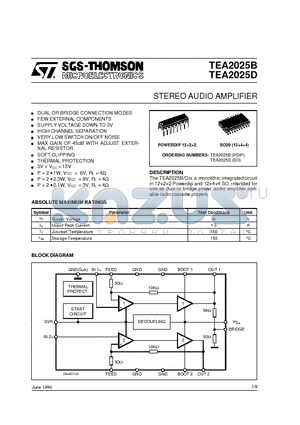 TEA2025 datasheet - STEREO AUDIO AMPLIFIER