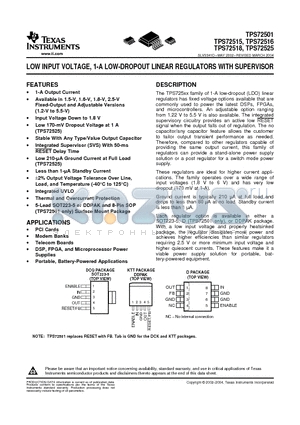 TPS72516KTTR datasheet - LOW INPUT VOLTAGE, 1-A LOW-DROPOUT LINEAR REGULATORS WITH SUPERVISOR