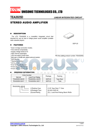 TEA2025D-S20-T datasheet - STEREO AUDIO AMPLIFIER