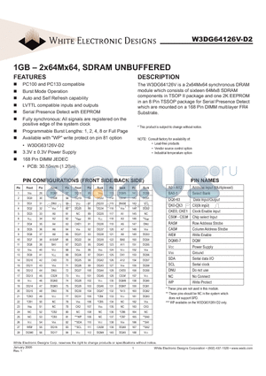W3DG64126V-D2 datasheet - 1GB - 2x64Mx64, SDRAM UNBUFFERED