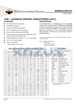 W3DG64128V7D1 datasheet - 1GB - 2x64Mx64 SDRAM, UNBUFFERED w/PLL